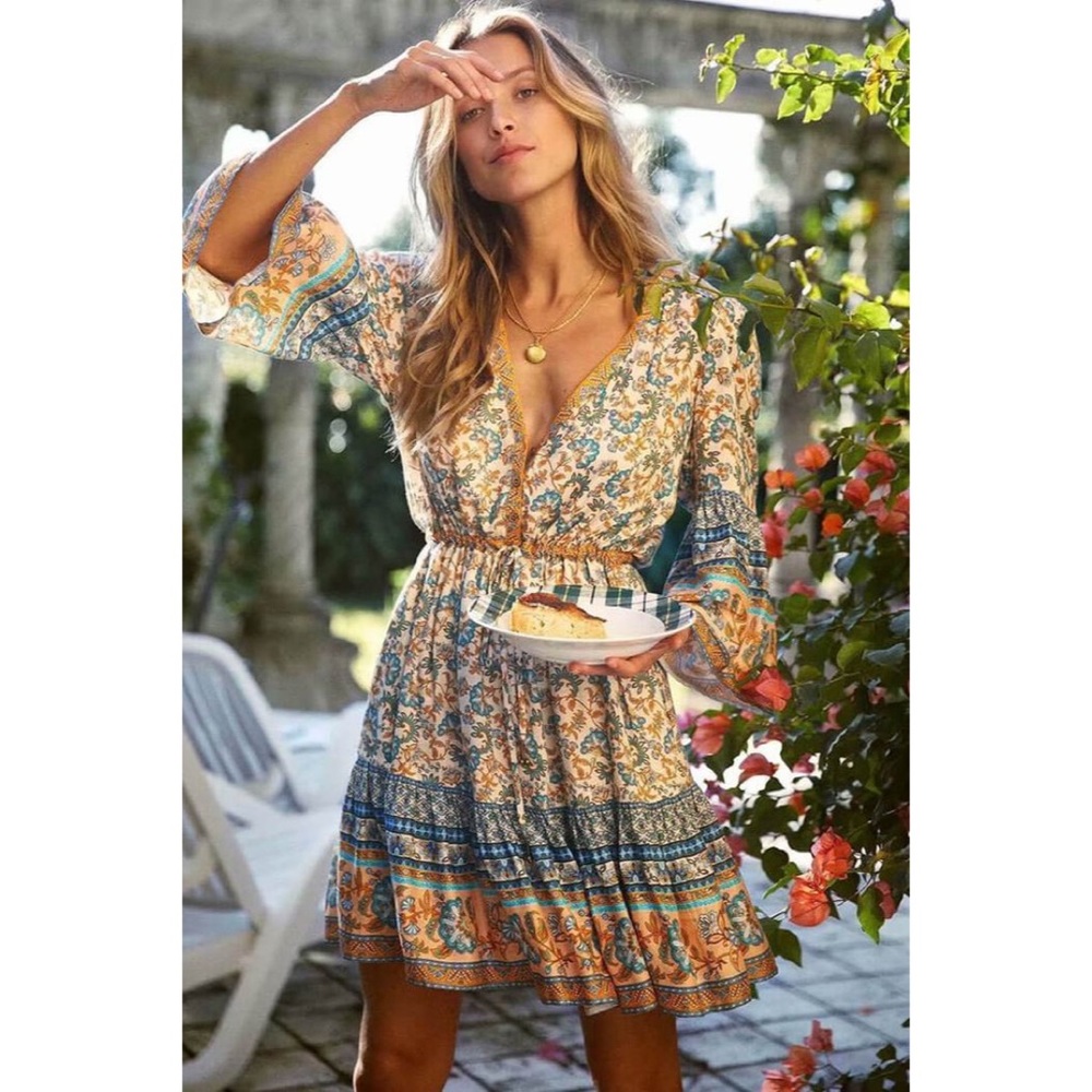 Like New! H&M Blue Pattern Bell Sleeve Boho Dress